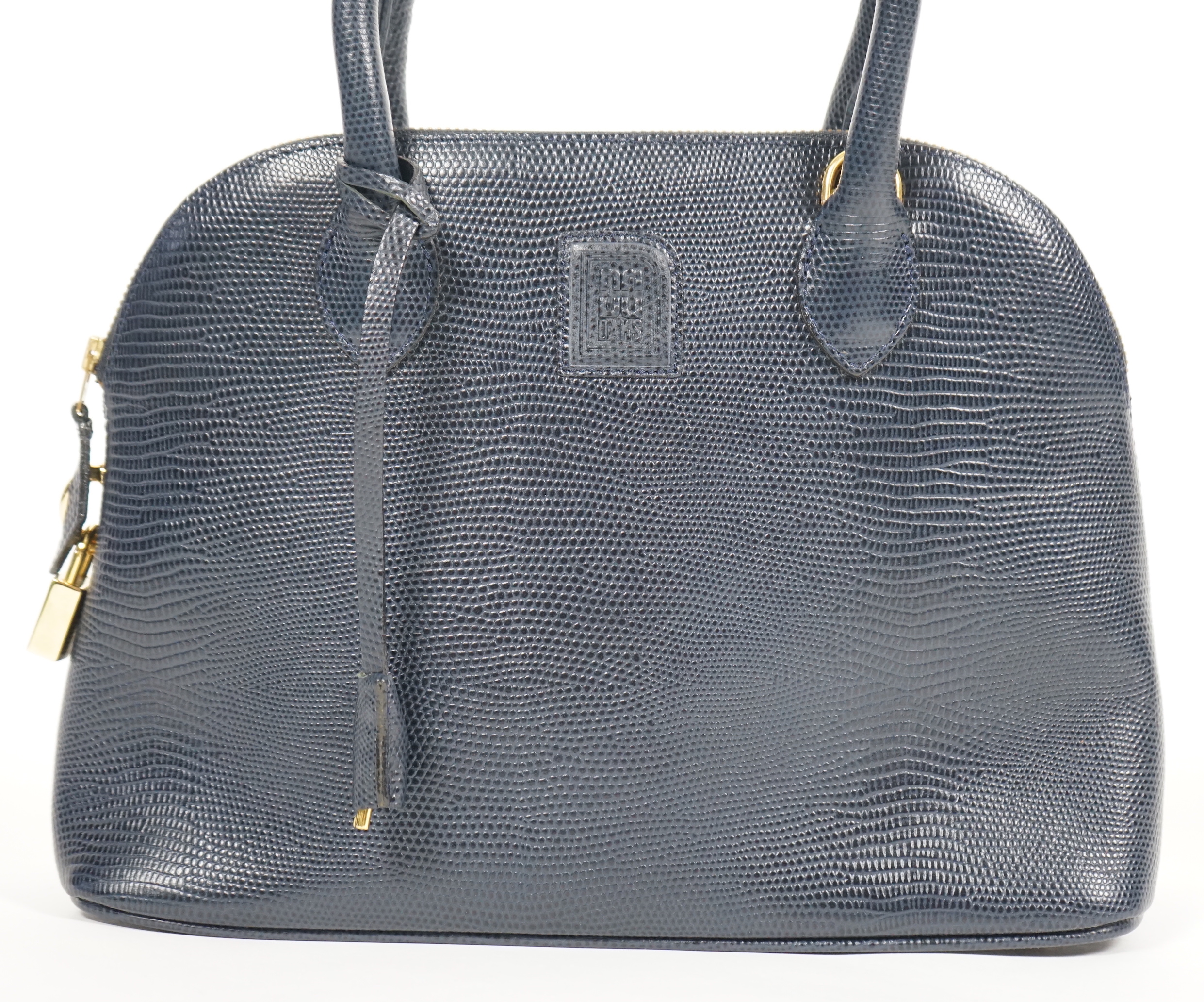 A Daks London blue faux lizard effect leather handbag with detachable shoulder strap, width 30cm, height 21cm, height to handles 30cm